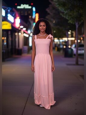 Women's Pink Maxi Dress with Tie Straps